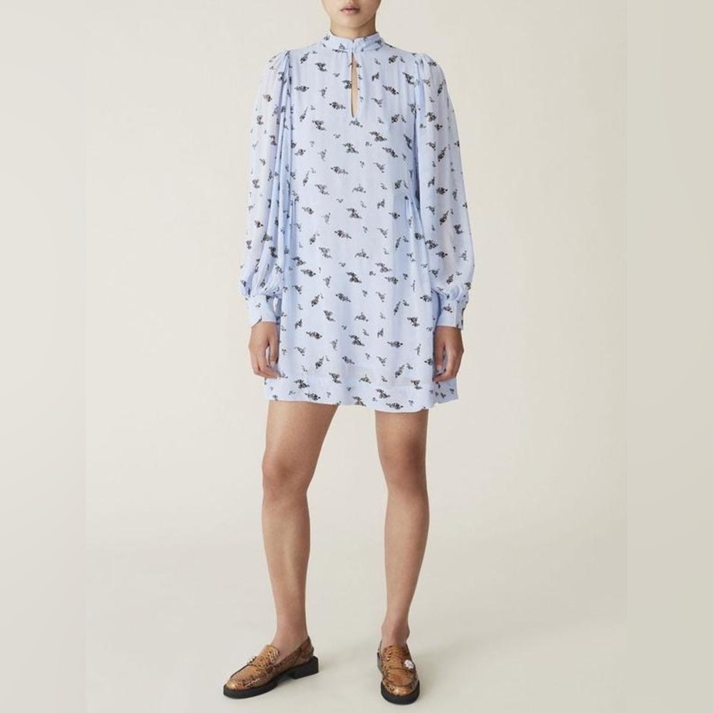 Ganni Size Small Georgette Floral Print Light Blue Crepe Mini Dress